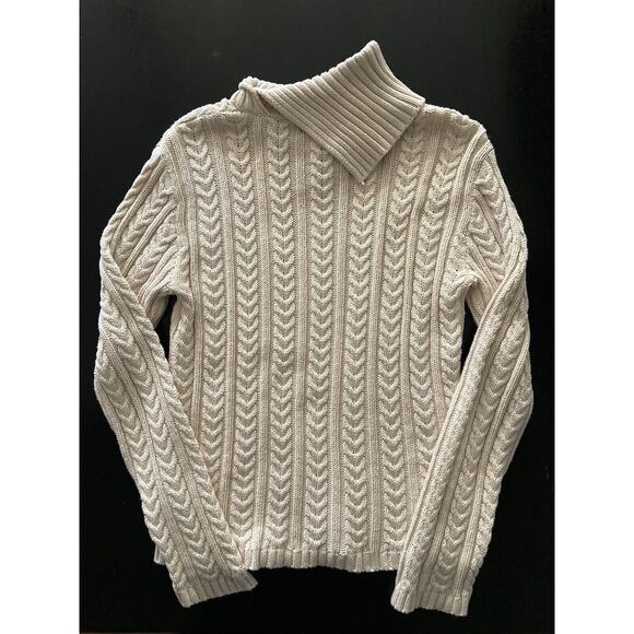 WAINSCOTT Cream/White Braided Knit Fisherman Sweater w/Split Collar sz Small - Picture 9 of 9